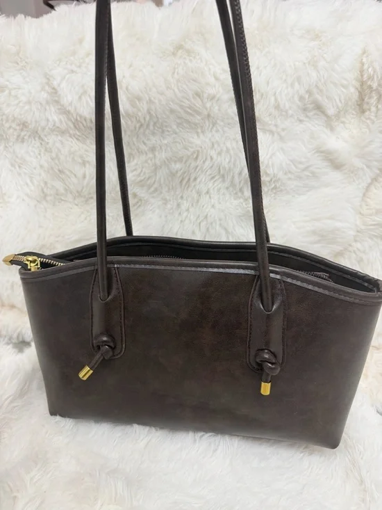 Chocolate Brown Leather Tote with Tassel Charm - Picture 4 of 4